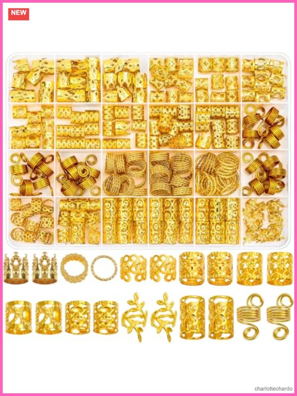 220 Pcs Gold Braid Hair Jewelry Dreadlock Accessories with Storage Box